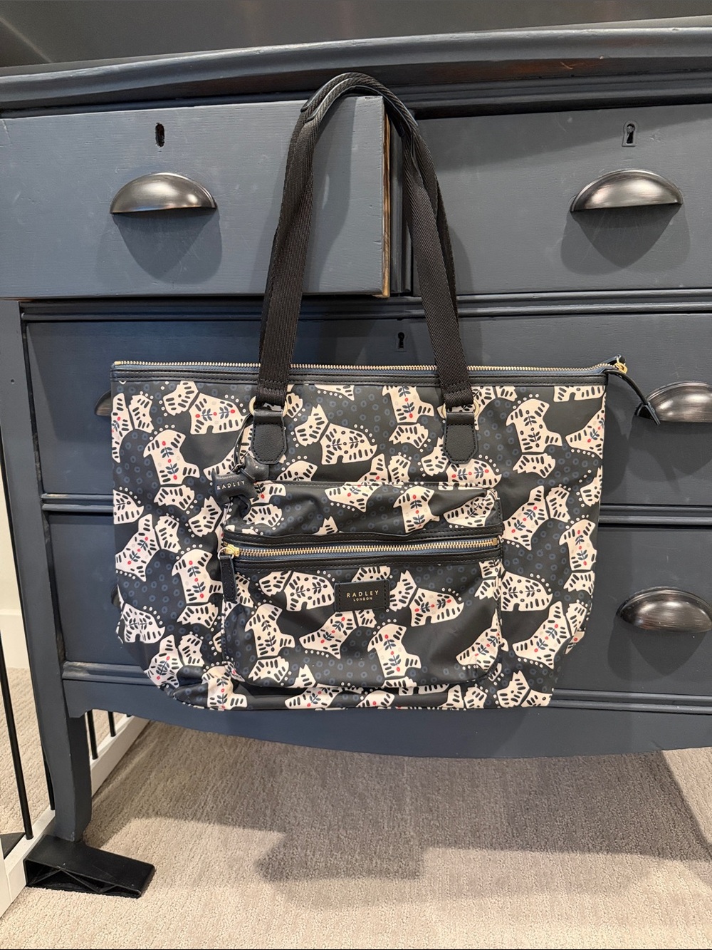 Radley London Large Zip-Top Tote Bag with laptop sleeve in navy print.